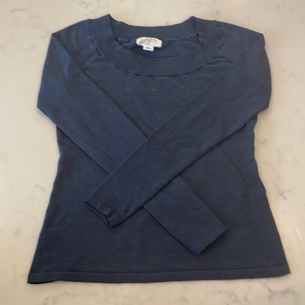 LOFT Ann Taylor Silk Blend Fitted Stretchy Blue Shirt - Small Petite
